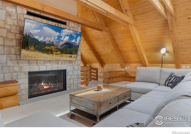 95 Choctaw Rd, Lyons, CO 80540 - living room with wooden ceiling and a fireplace
