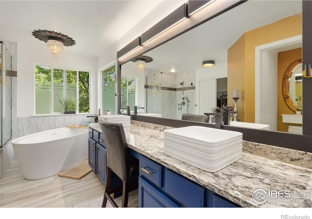10278 Dover St, Firestone, CO 80504 - full bathroom with a shower stall, a freestanding tub, and vanity