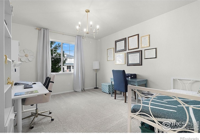 6229 Black Mesa Rd, Frederick, CO 80516 - home office with a chandelier, carpet, and baseboards