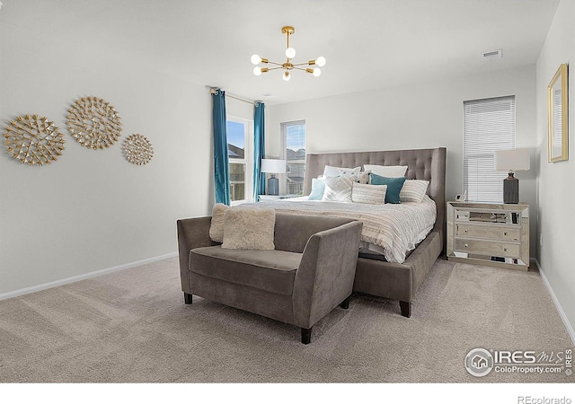 6229 Black Mesa Rd, Frederick, CO 80516 - bedroom featuring a chandelier, carpet, and baseboards