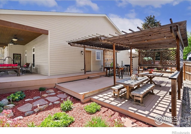 1738 S Estrella Ave, Loveland, CO 80537 - view of patio featuring outdoor dining space, a pergola, a wooden deck, and a ceiling fan