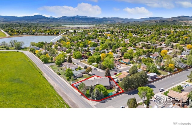 1738 S Estrella Ave, Loveland, CO 80537 - aerial perspective of suburban area with a water and mountain view and property boundaries highlighted