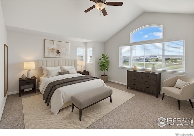 993 Ouzel Falls Rd, Severance, CO 80550 - bedroom featuring light colored carpet, baseboards, ceiling fan, and high vaulted ceiling