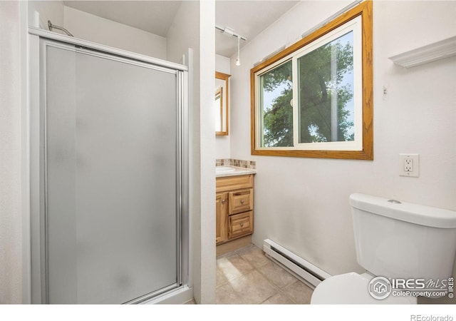 23462 County Road 55, Kersey, CO 80644 - bathroom featuring a baseboard radiator, vanity, toilet, and a stall shower