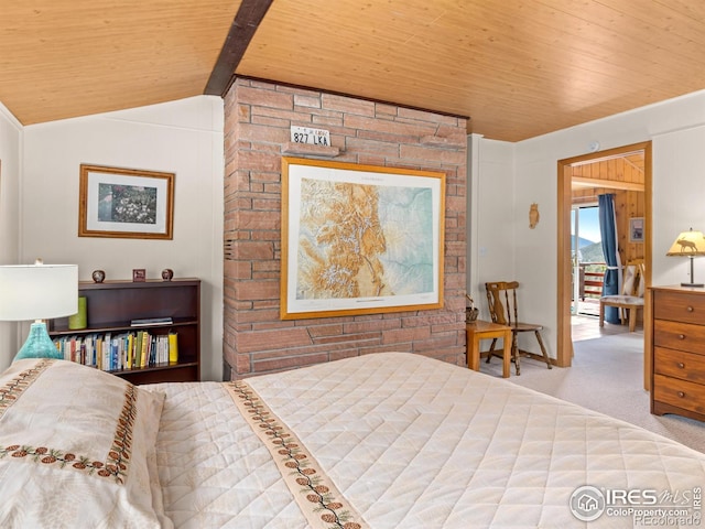 839 Ski Rd, Allenspark, CO 80510 - bedroom featuring wood ceiling, carpet, and lofted ceiling