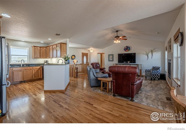 631 Linecamp Dr, Livermore, CO 80536 - living area with light wood-style flooring, a ceiling fan, a textured ceiling, lofted ceiling, and recessed lighting