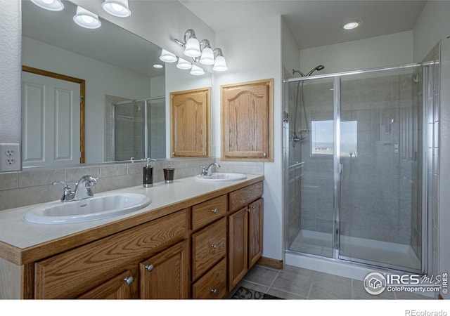 631 Linecamp Dr, Livermore, CO 80536 - bathroom with tile patterned flooring, a shower stall, and double vanity