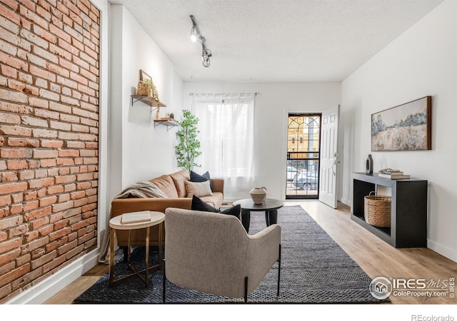 135 E 8th Ave, Denver, CO 80203 - living area with wood finished floors, brick wall, baseboards, a textured ceiling, and rail lighting