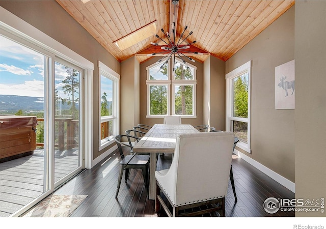 61 County Road 8501, Tabernash, CO 80478 - dining room with wood ceiling, a skylight, baseboards, and dark wood-style floors