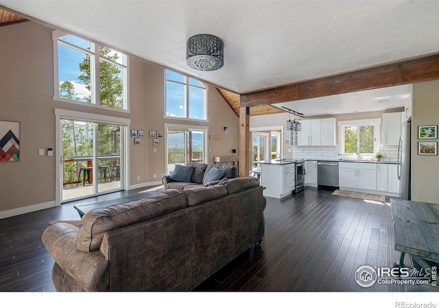 61 County Road 8501, Tabernash, CO 80478 - living room featuring dark wood finished floors, baseboards, beam ceiling, and a towering ceiling