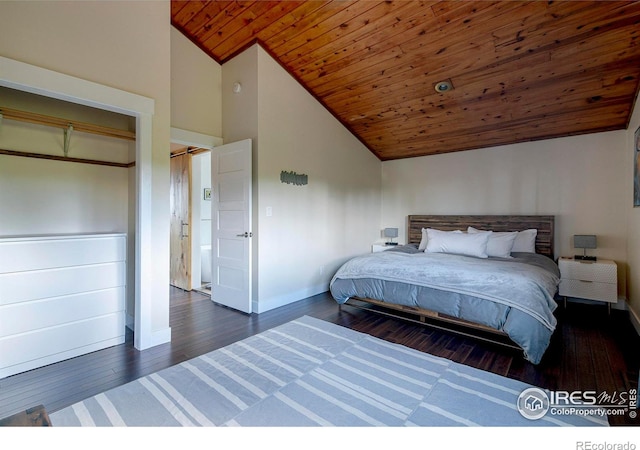 61 County Road 8501, Tabernash, CO 80478 - bedroom with wooden ceiling, baseboards, high vaulted ceiling, and dark wood finished floors