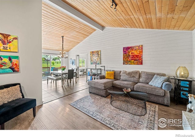 1921 Glenview Ct, Berthoud, CO 80513 - living room with a chandelier, wood finished floors, wooden ceiling, and wooden walls