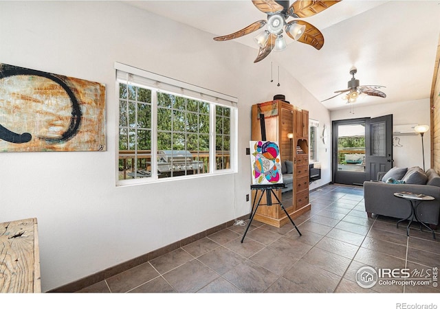 1921 Glenview Ct, Berthoud, CO 80513 - tiled living area featuring ceiling fan, baseboards, and lofted ceiling