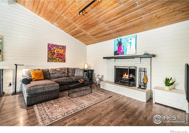 1921 Glenview Ct, Berthoud, CO 80513 - living area with wooden ceiling, wood-type flooring, a fireplace, track lighting, and high vaulted ceiling