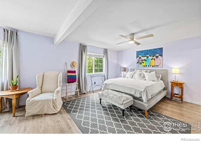 1921 Glenview Ct, Berthoud, CO 80513 - bedroom with wood finished floors, baseboards, beamed ceiling, and a ceiling fan