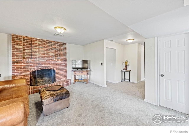 1921 Glenview Ct, Berthoud, CO 80513 - carpeted living room with a brick fireplace and baseboards