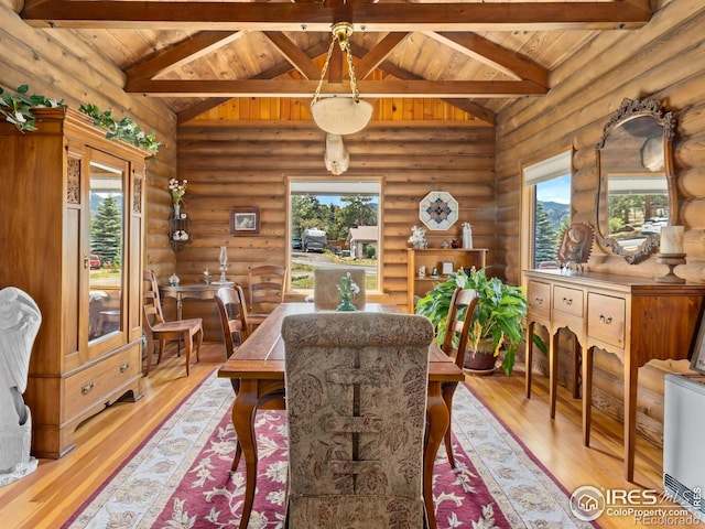 656 Halbach Ln, Estes Park, CO 80517 - dining space with wooden ceiling, light wood-style flooring, and log walls