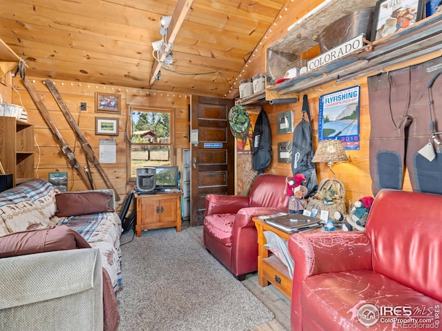 656 Halbach Ln, Estes Park, CO 80517 - living room featuring wooden ceiling, wooden walls, and lofted ceiling