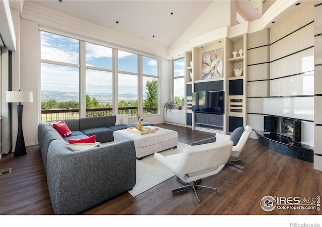 160 Ponderosa Dr, Boulder, CO 80303 - living area with wood finished floors, high vaulted ceiling, and built in shelves