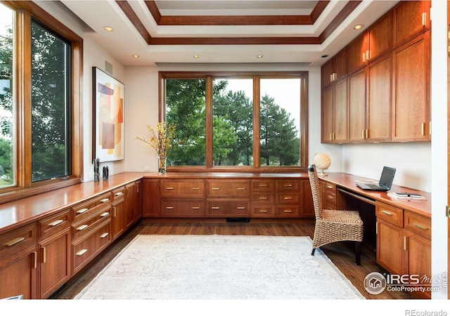 160 Ponderosa Dr, Boulder, CO 80303 - unfurnished office featuring built in study area, dark wood-style floors, a tray ceiling, and ornamental molding