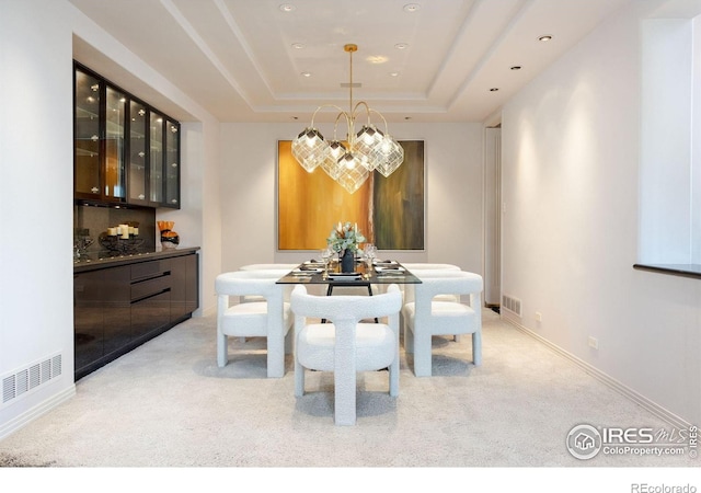160 Ponderosa Dr, Boulder, CO 80303 - dining area with light carpet, recessed lighting, a tray ceiling, and baseboards