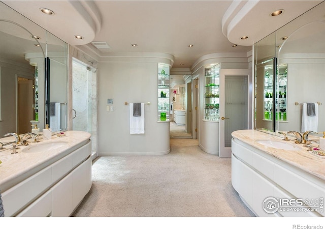 160 Ponderosa Dr, Boulder, CO 80303 - bathroom with vanity, recessed lighting, an enclosed shower, carpet, and baseboards