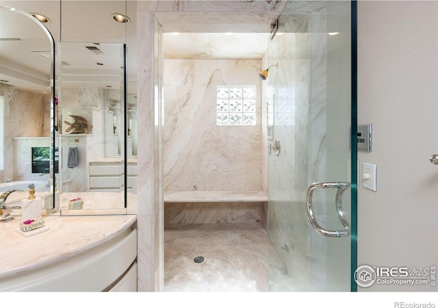 160 Ponderosa Dr, Boulder, CO 80303 - bathroom featuring a marble finish shower and vanity