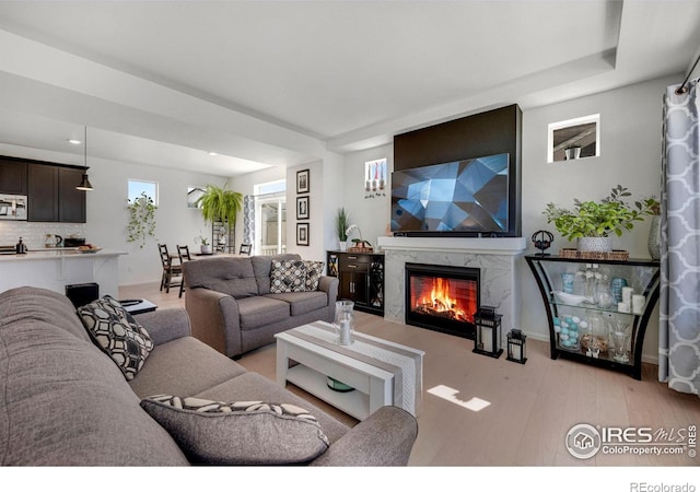 542 Highlands Cir, Erie, CO 80516 - living area featuring light wood-type flooring and a fireplace
