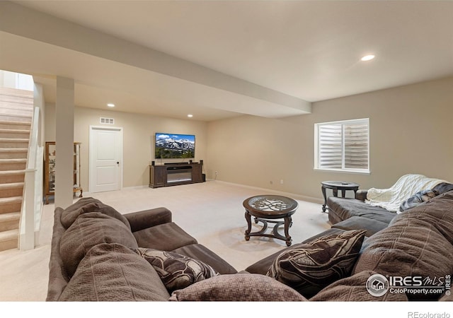 3802 Eucalyptus St, Wellington, CO 80549 - carpeted living area featuring stairs, recessed lighting, and baseboards