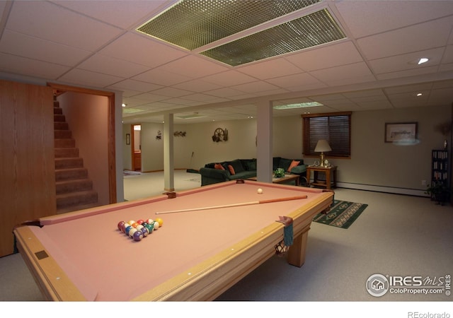 1314 State Highway 66, Longmont, CO 80504 - playroom featuring billiards, baseboard heating, carpet flooring, and a drop ceiling