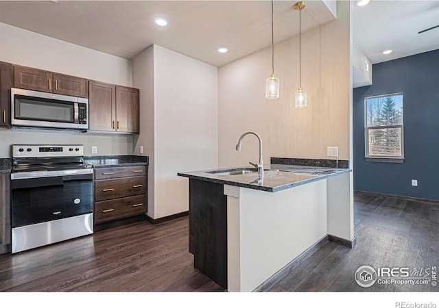 1768 Wildfire Rd Unit 101, Estes Park, CO 80517 - kitchen featuring appliances with stainless steel finishes, a sink, dark wood finished floors, dark brown cabinets, and recessed lighting