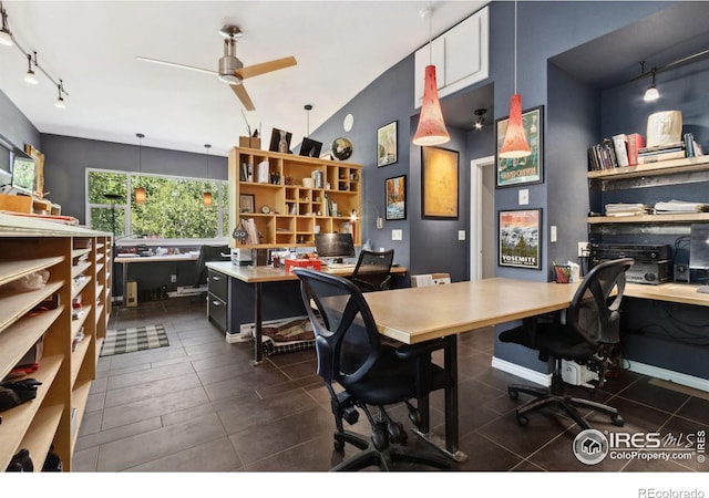 2620 Brush Creek Dr, Fort Collins, CO 80528 - office featuring rail lighting, ceiling fan, and dark tile patterned floors