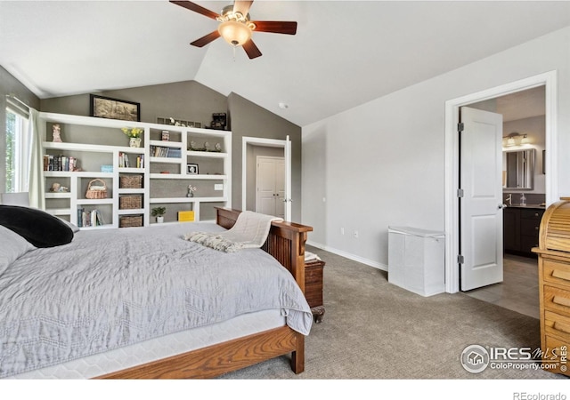 2620 Brush Creek Dr, Fort Collins, CO 80528 - carpeted bedroom featuring lofted ceiling, baseboards, and a ceiling fan