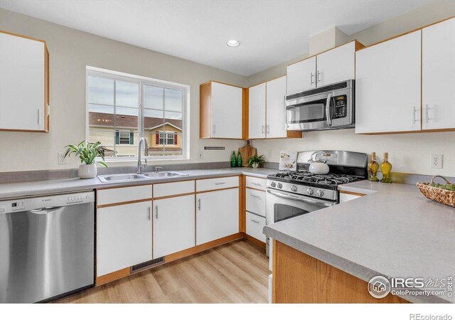 3860 Colorado Ave Unit C, Boulder, CO 80303 - kitchen featuring appliances with stainless steel finishes, a sink, light wood-style flooring, light countertops, and recessed lighting