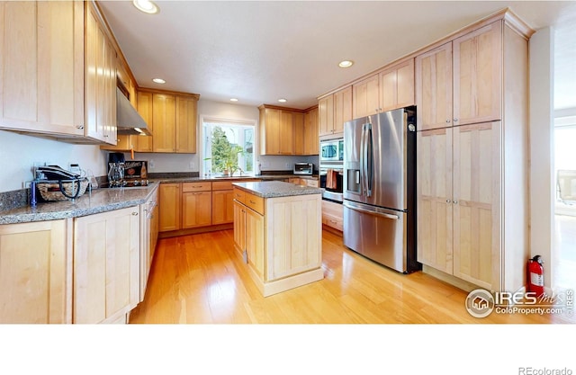 1100 Deer Trail Rd, Boulder, CO 80302 - kitchen with appliances with stainless steel finishes, a sink, light wood-type flooring, range hood, and light brown cabinets