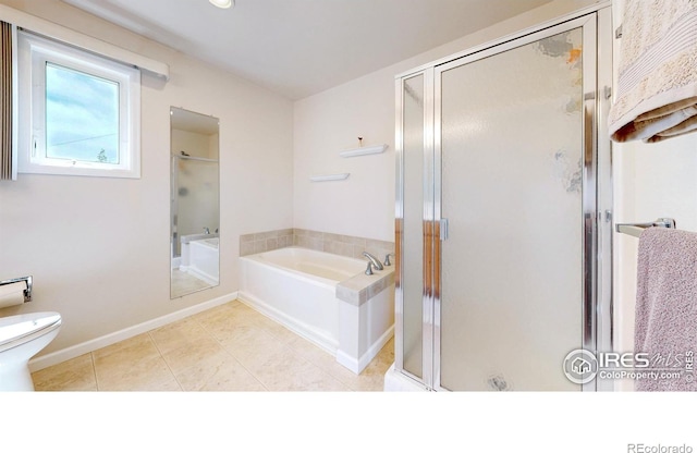 1100 Deer Trail Rd, Boulder, CO 80302 - full bath featuring a bath, toilet, a shower stall, and tile patterned floors