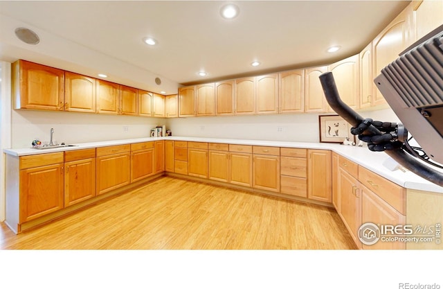1100 Deer Trail Rd, Boulder, CO 80302 - kitchen with a sink, light wood-style flooring, light brown cabinets, recessed lighting, and light countertops