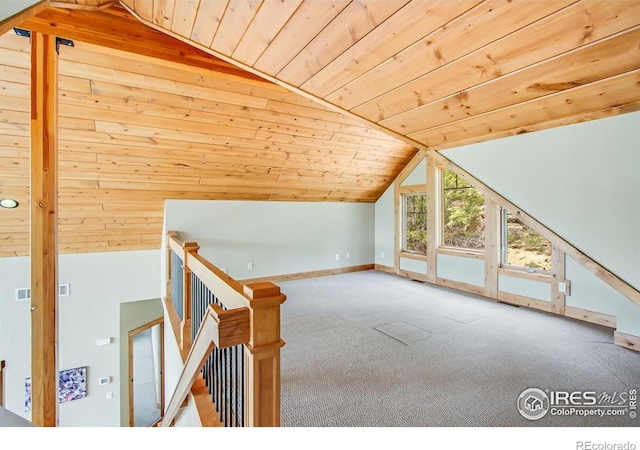 303 Curry Dr, Estes Park, CO 80517 - bonus room featuring vaulted ceiling, carpet, wooden ceiling, and baseboards