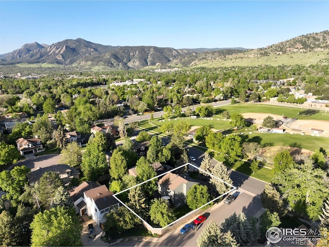 3470 16th Cir, Boulder, CO 80304 - aerial view of residential area with property boundaries highlighted and a mountain backdrop