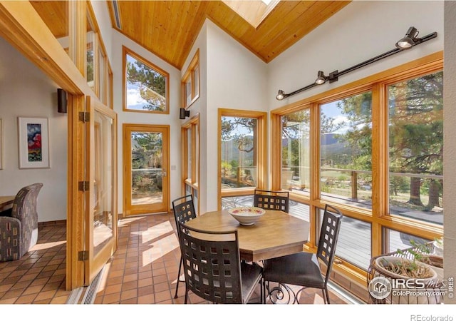 125 Saddleback Ln, Estes Park, CO 80517 - dining room with wood ceiling, high vaulted ceiling, tile patterned floors, and a skylight