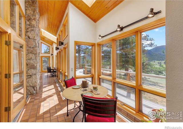 125 Saddleback Ln, Estes Park, CO 80517 - sunroom featuring wooden ceiling, high vaulted ceiling, a mountain view, tile patterned floors, and a skylight