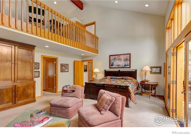 125 Saddleback Ln, Estes Park, CO 80517 - bedroom featuring light colored carpet, high vaulted ceiling, baseboards, recessed lighting, and beamed ceiling