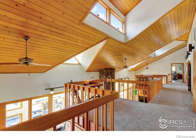 125 Saddleback Ln, Estes Park, CO 80517 - corridor featuring vaulted ceiling, wood ceiling, an upstairs landing, carpet, and a skylight