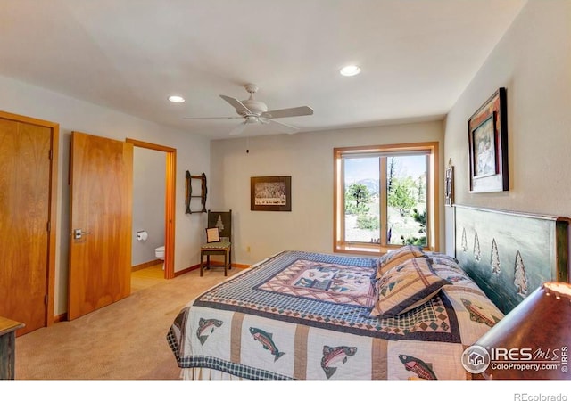 125 Saddleback Ln, Estes Park, CO 80517 - bedroom featuring light carpet, recessed lighting, ensuite bathroom, and ceiling fan