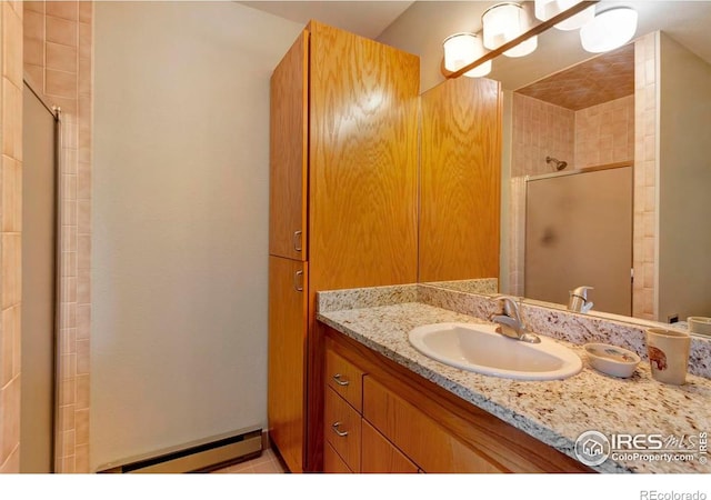 125 Saddleback Ln, Estes Park, CO 80517 - full bath featuring vanity, a shower stall, and a baseboard radiator