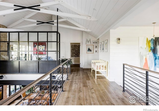 3737 Spring Valley Rd, Boulder, CO 80304 - corridor featuring wood-type flooring, an upstairs landing, wooden ceiling, and high vaulted ceiling