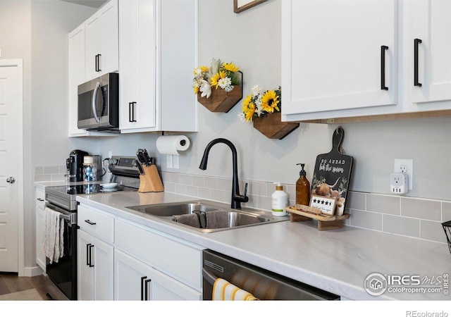 253 Molinar St, Johnstown, CO 80534 - kitchen with stainless steel appliances, a sink, white cabinetry, light countertops, and backsplash