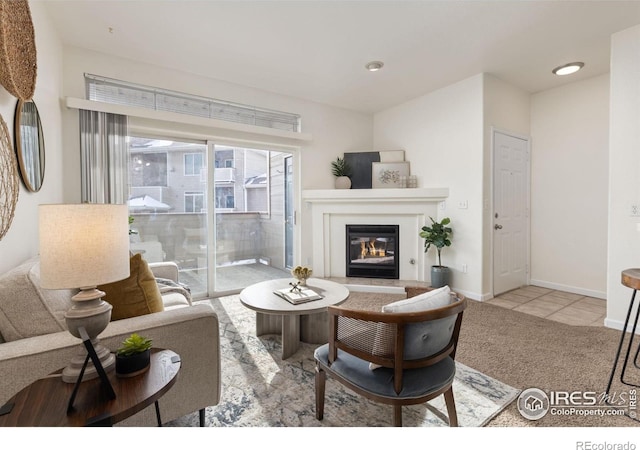 4545 Wheaton Dr Unit A-290, Fort Collins, CO 80525 - tiled living room featuring a glass covered fireplace, carpet, and baseboards
