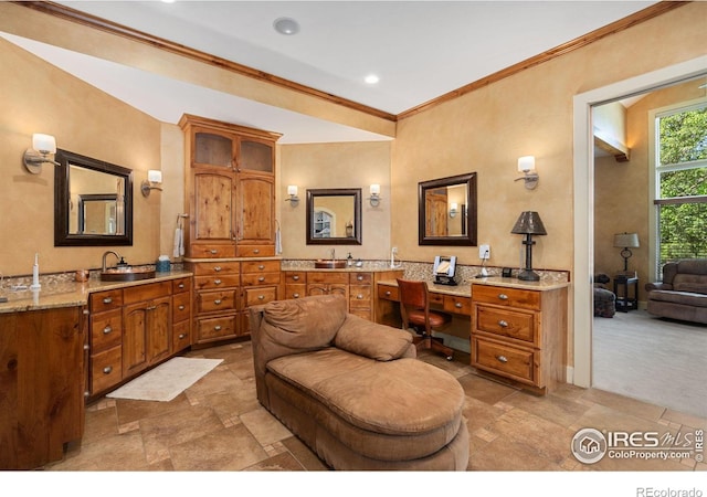 5025 Eagle Lake Dr, Fort Collins, CO 80524 - full bath featuring vanity, ornamental molding, stone finish flooring, ensuite bathroom, and recessed lighting