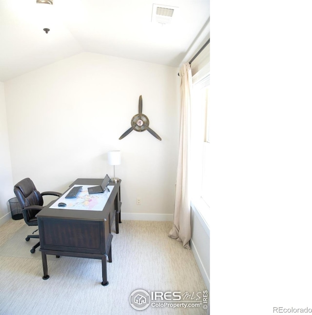 6523 Spanish Bay Dr, Windsor, CO 80550 - office space featuring vaulted ceiling, baseboards, a ceiling fan, and carpet flooring